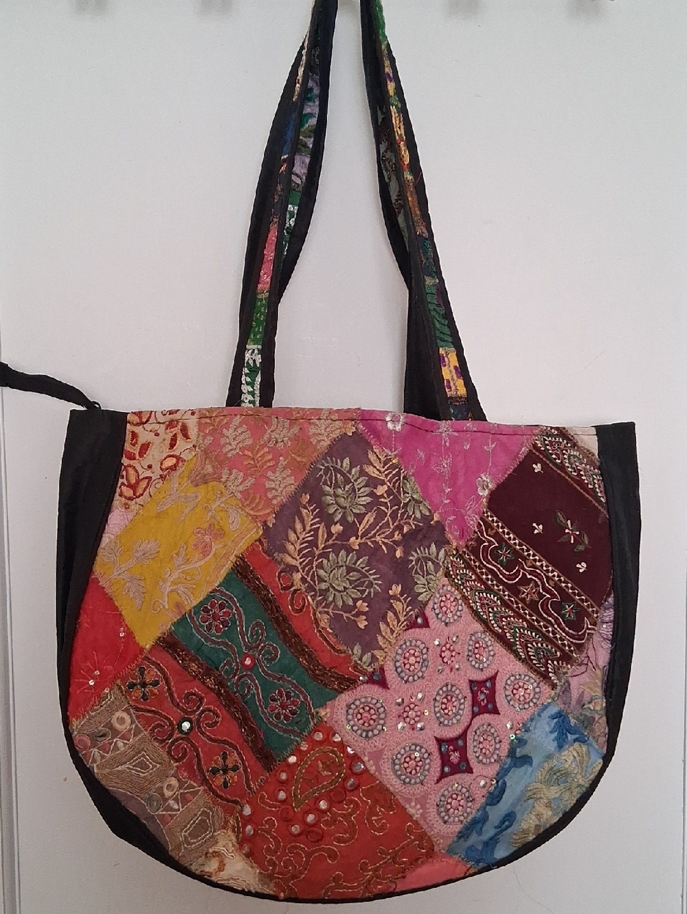 Vintage Banjata Multicolor Silk Saris Patchwork Tote Bag with Black Trim